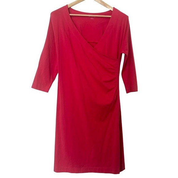 Soft Surroundings Hot Pink Faux Wrap 3/4‎ Sleeve Midi Stretch Dress Womens M - Picture 1 of 4